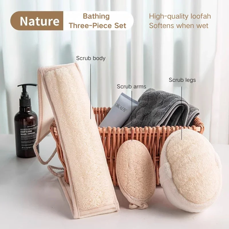 

Natural Loofah Bath Set – 3-Piece Exfoliating Scrubber Kit for Full-Body Cleansing (Long Towel + Arm Pad + Leg Pad)