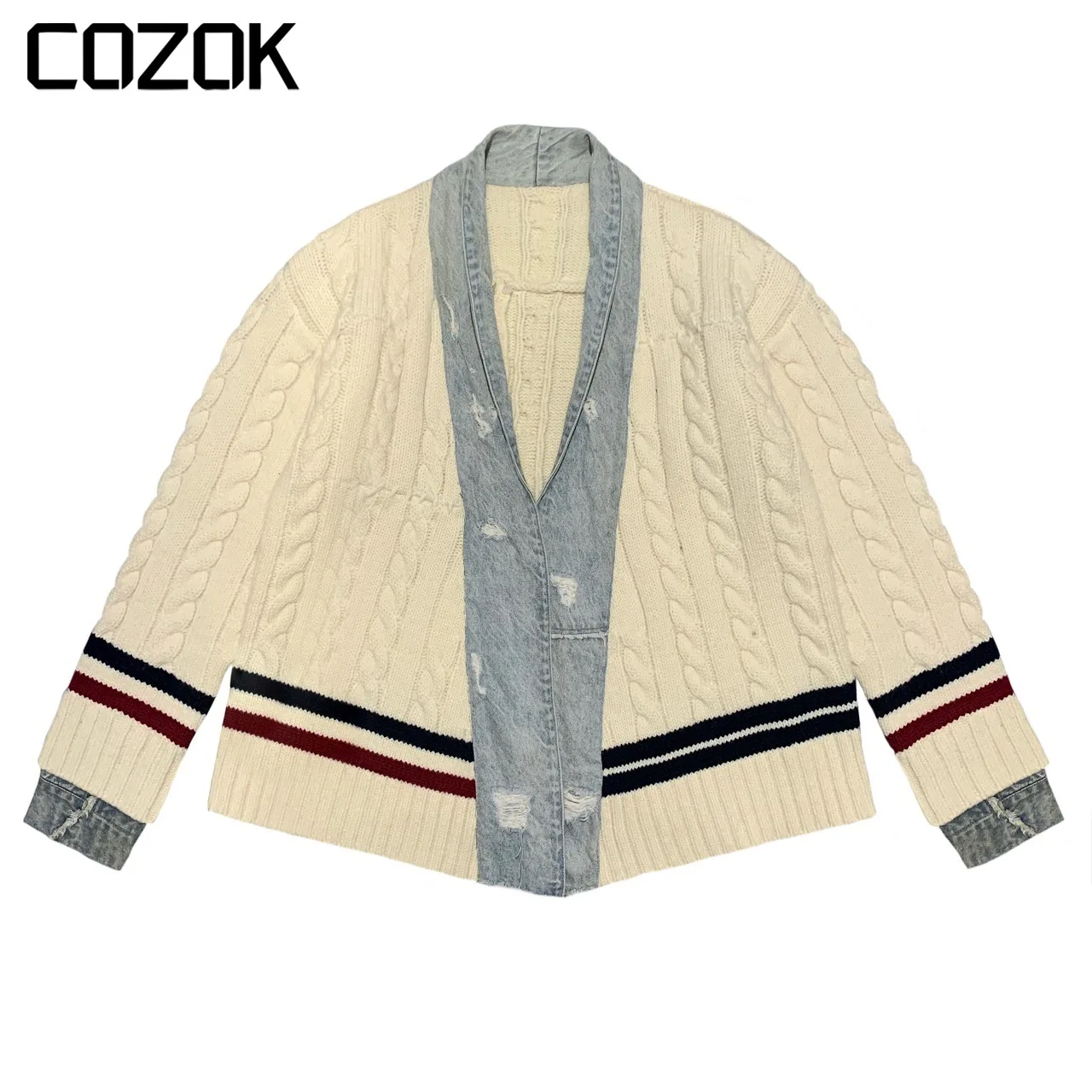 

Kapital Vintage Patchwork Denim Cardigan Sweater Men Stripe Design Jacket With Loose Harajuku Sweaters Cardigan for Unisex