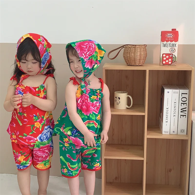 New Big Flower Print Children's Summer thin Home Suit Short-sleeved Two-piece Chinese style Baby Cotton Pajamas Suit