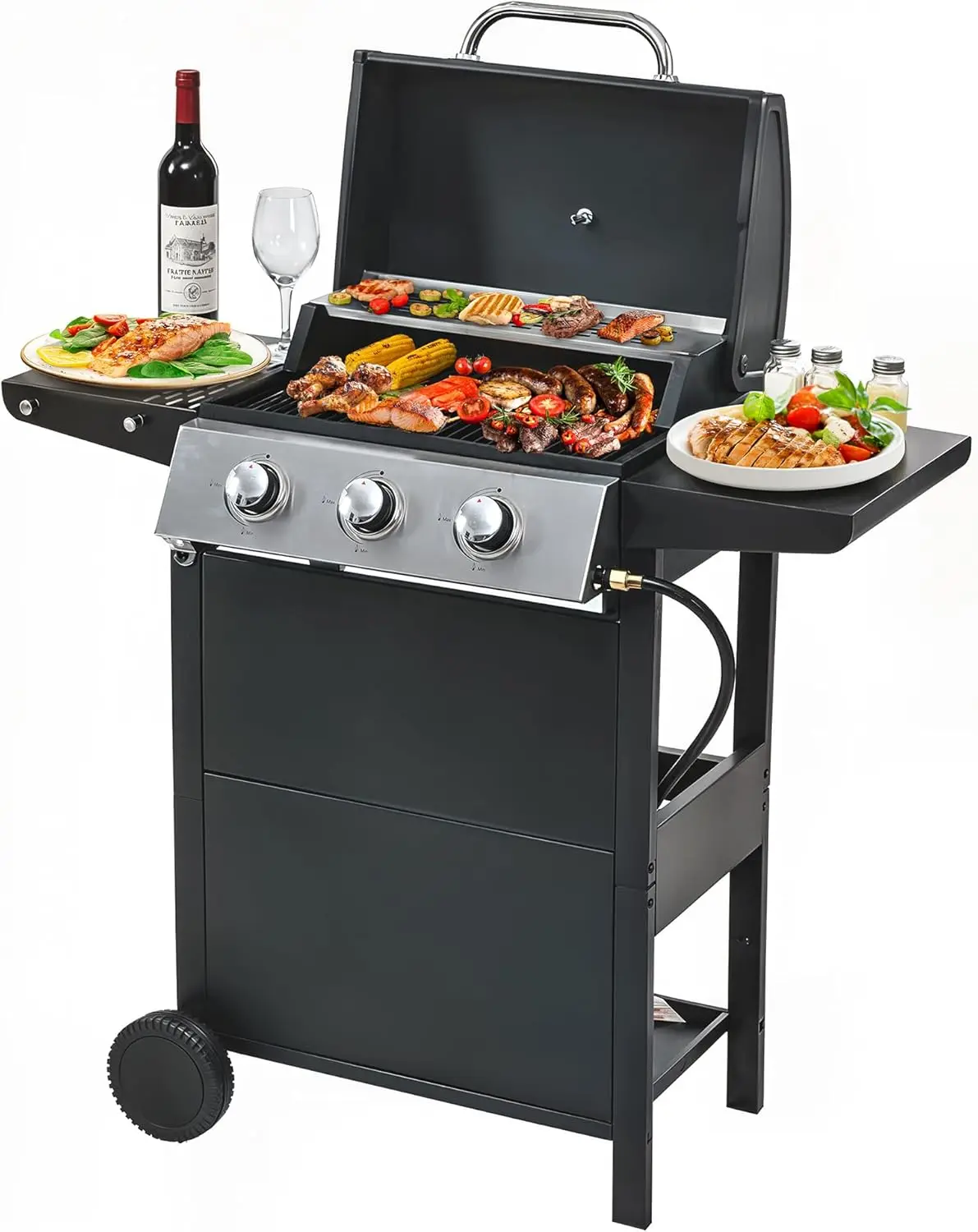 3 Burner Propane Gas Grill, Stainless Steel BBQ Grill 30,000 BTU for Outdoor Cooking Kitchen, Garden and Patio Backyard Barbecue