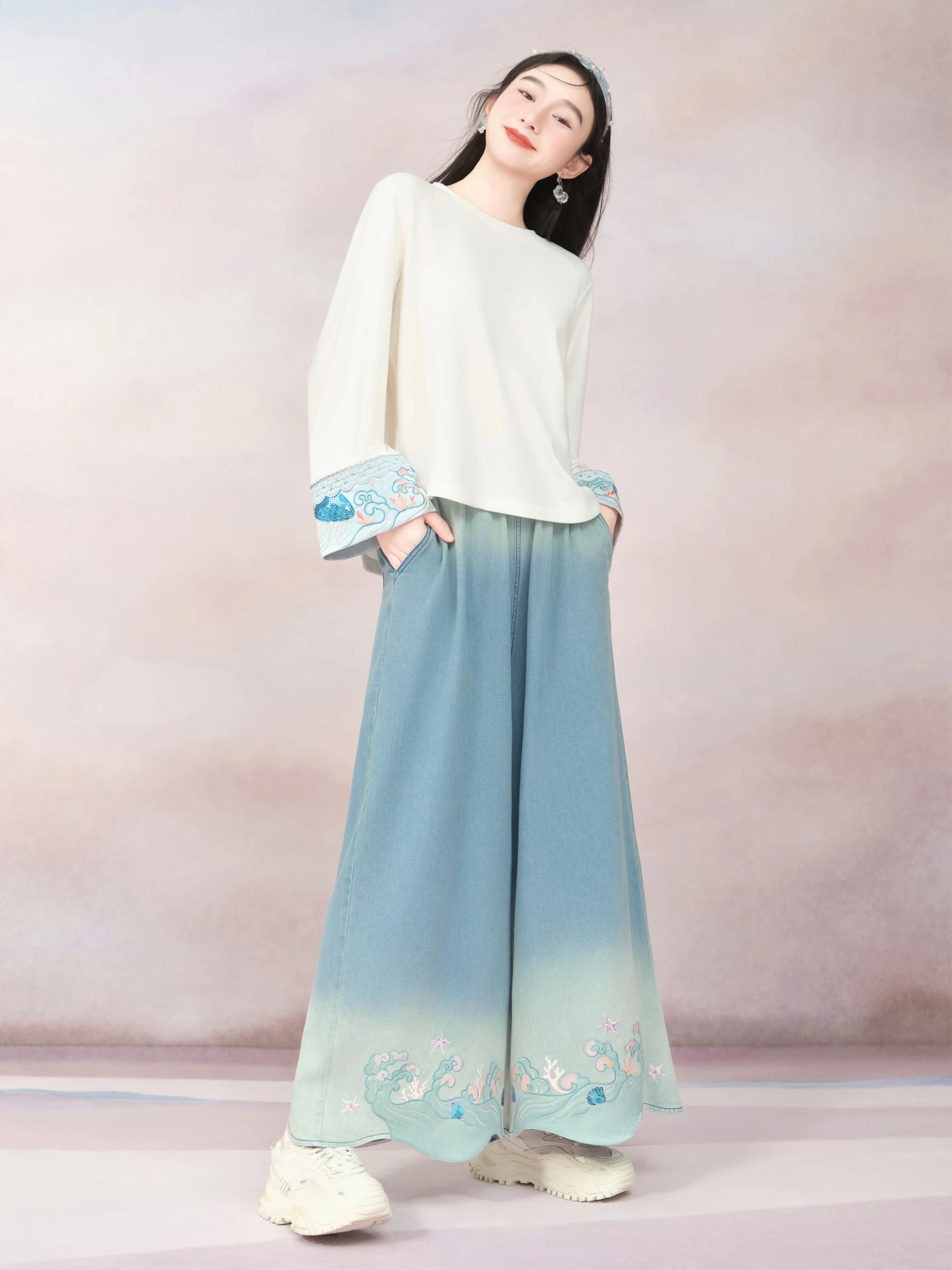 

Original Summer Moonlight Wide Leg Jeans Embroidered Loose Fit Cotton Casual Sle l Waist Spring New Chinese Sle