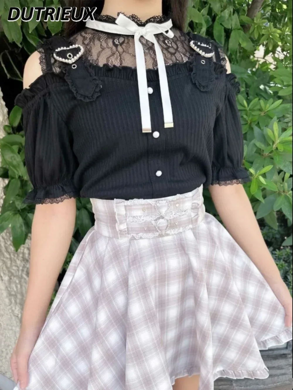 Japanese Slim Lolita Stand Collar Short-Sleeved T-Shirt Summer New Off-Shoulder Lace Stitching Sweet Cute All-Match Top