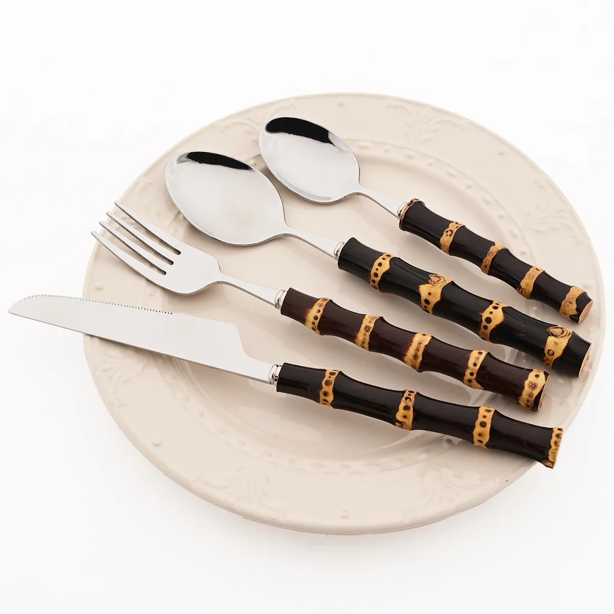 4pcs Knife Coffee Spoon Fork Dinnerware Set Black Bamboo Handle Cutlery Set Western Stainless Steel Silverware Kitchen Tableware