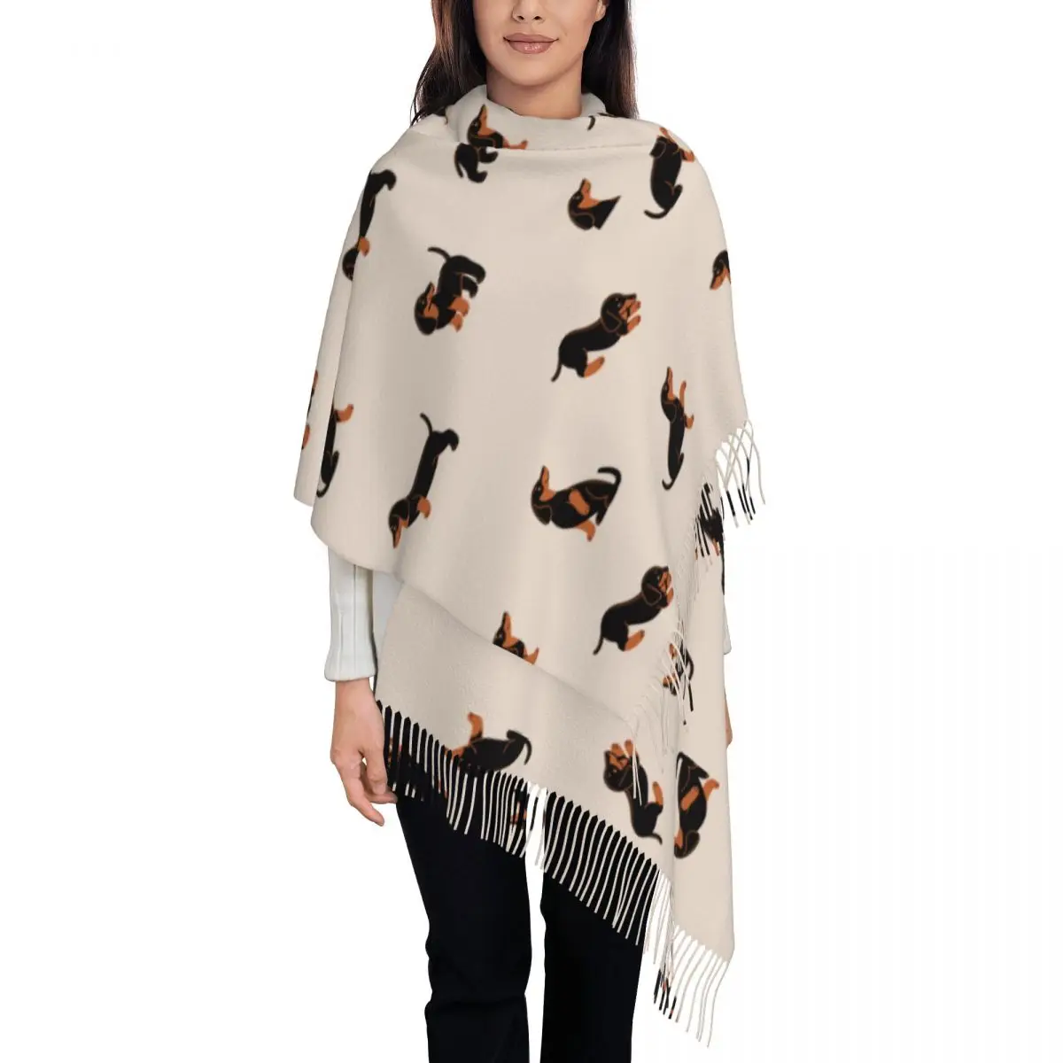 

Women's Scarf with Tassel Cartoon Happy Dachshund Large Super Soft Shawl Wrap Dog Lover Gifts Cashmere Scarf