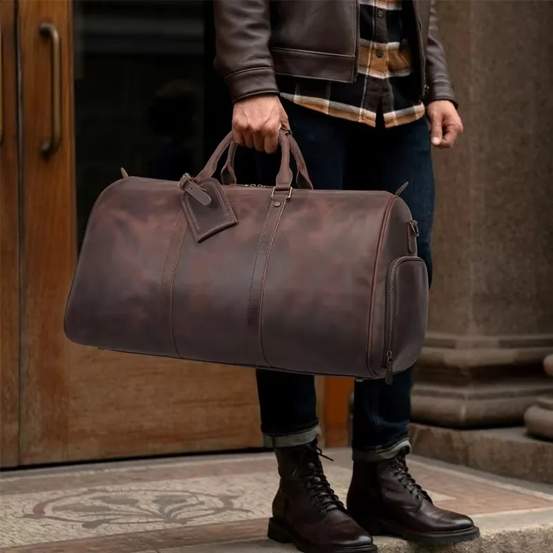 Vintage Style Zipper Seal Unisex Leather Gym Luggage Weekend Travel Luggage Tote with Shoe Box