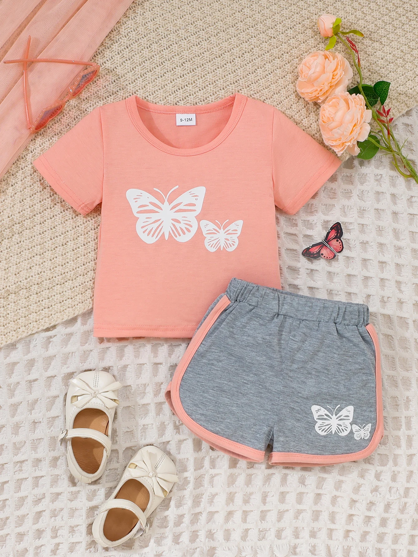 Summer Baby Girls 9-12M Pink Butterfly Print Short Sleeve T-Shirt & Gray Elastic Waist Shorts 2Pcs Set