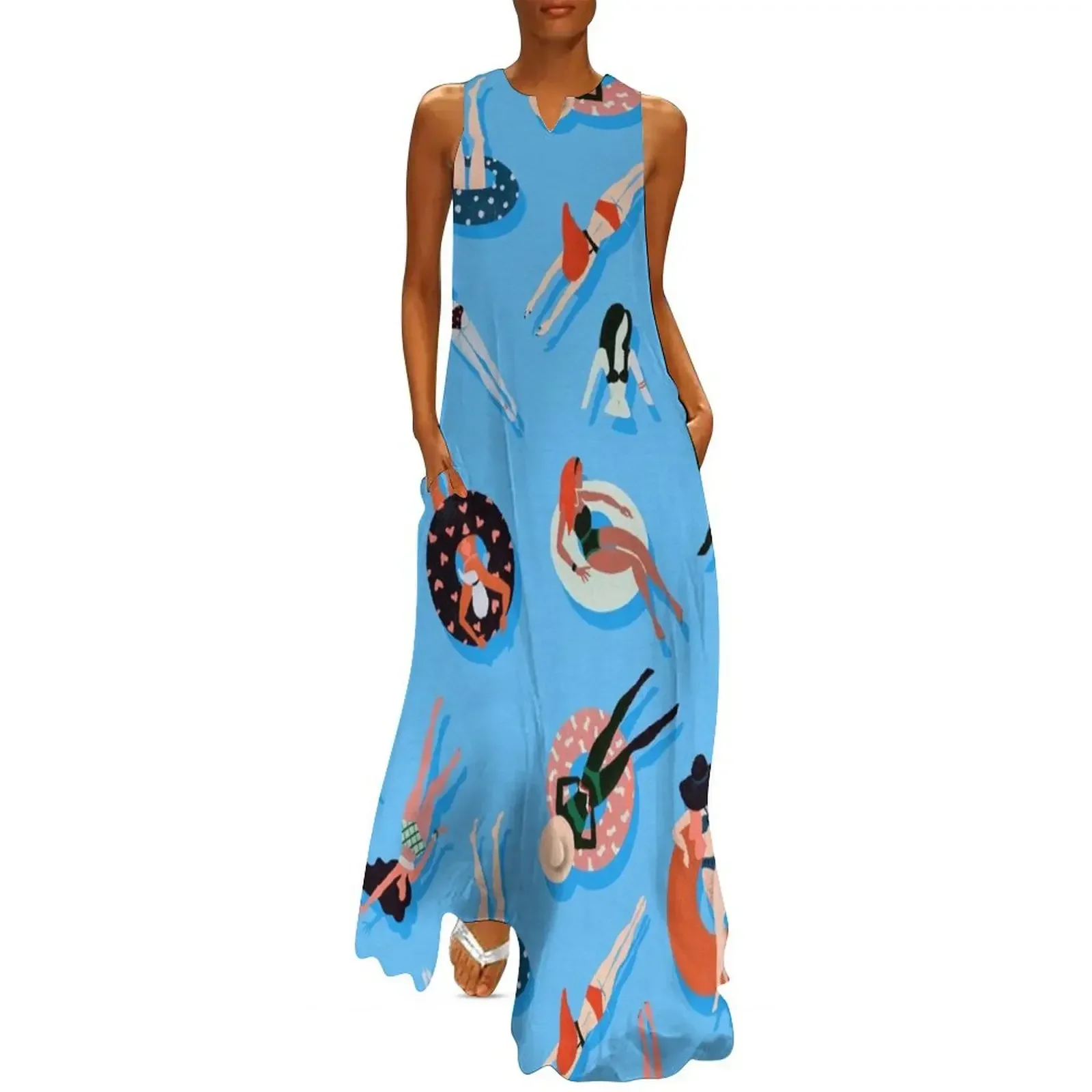 

Swimming Ladies – Coral & Blue Palette Long Dress dress summer 2025 women summer clothes for women Dress