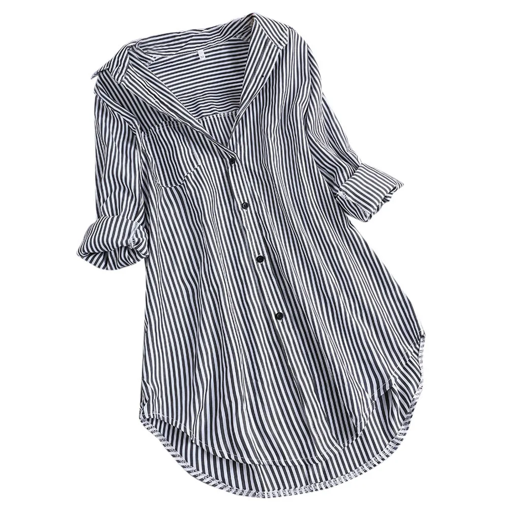 

Women's Striped Large Lapel Long Sve irt Casual Sle V-Ne Button Closure Slim Fit Mid-Length Polyester Material