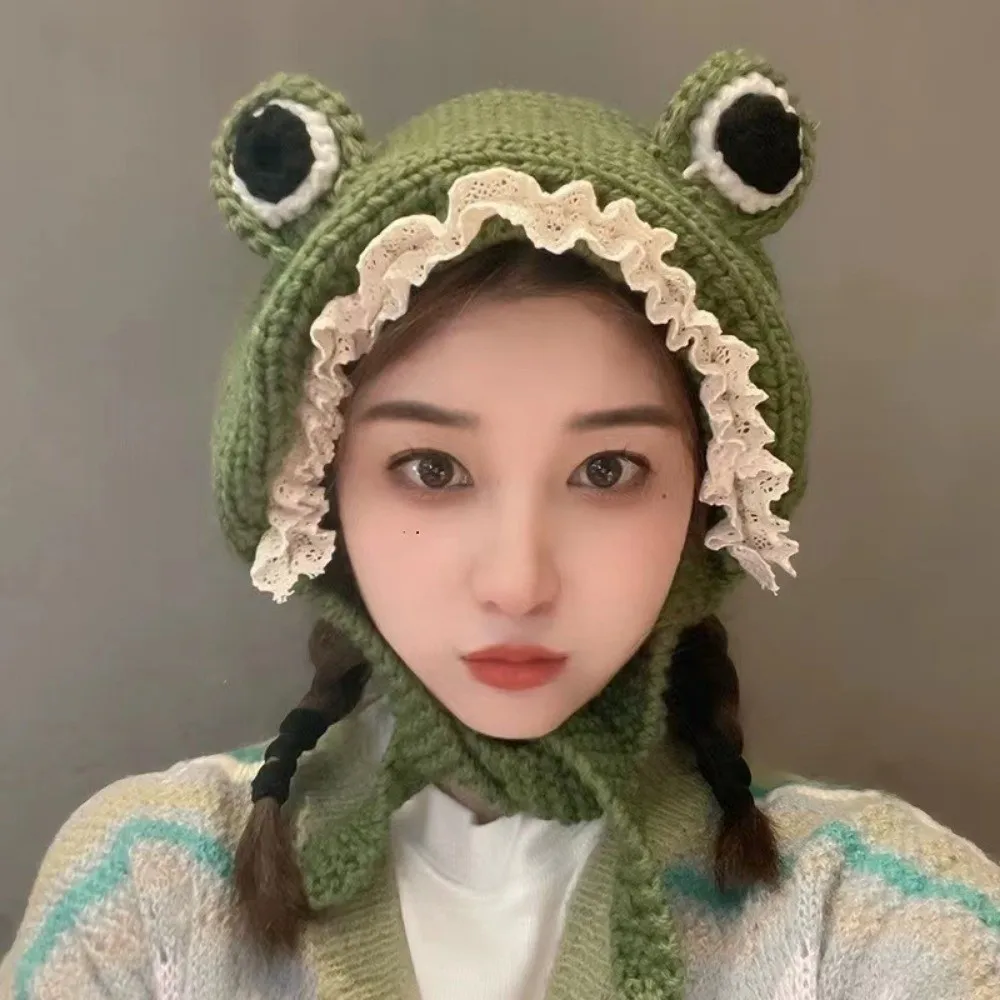 

Ladies Fashion Cute Knitted Frog Hat Warm Korean Style Women Beanie Hat Knitted Warm Hat Cap Autumn Season