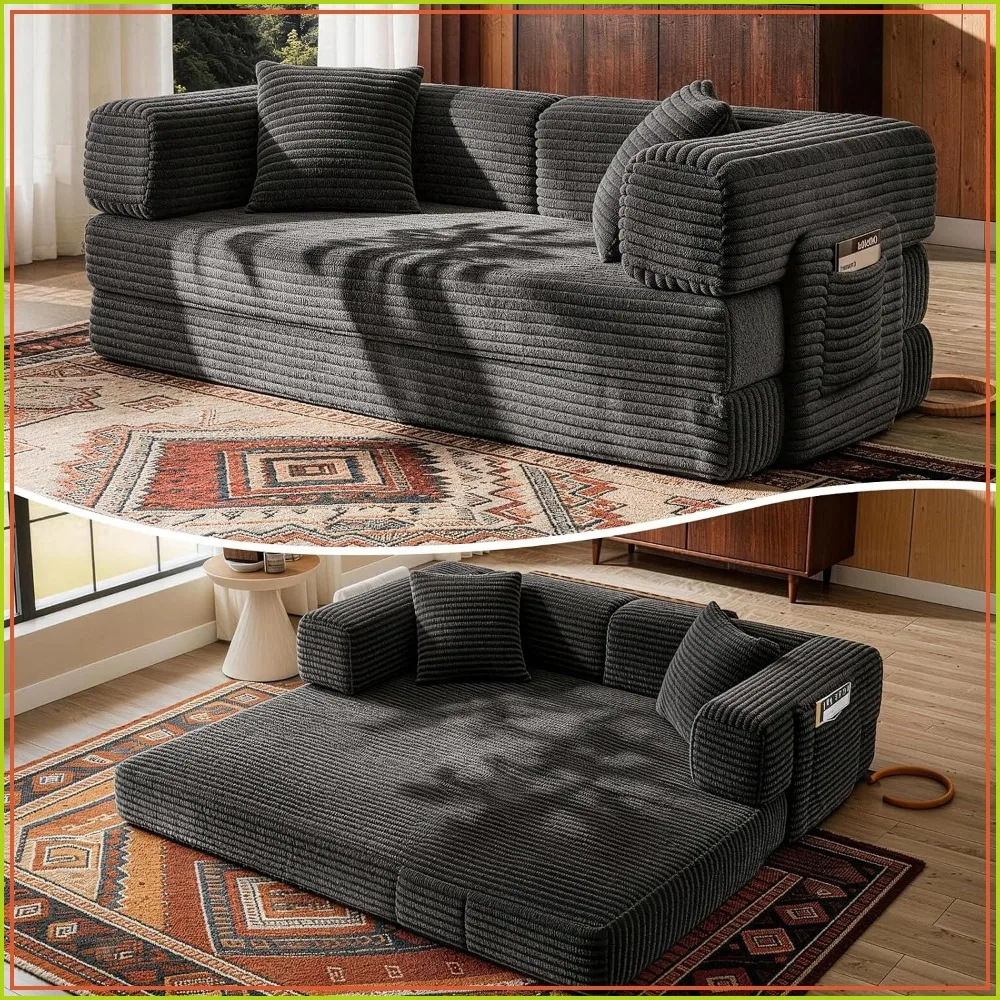 Corduroy Futon Sofa Bed Pull Out Sleeper, Storage Pocket, Removable Living Room