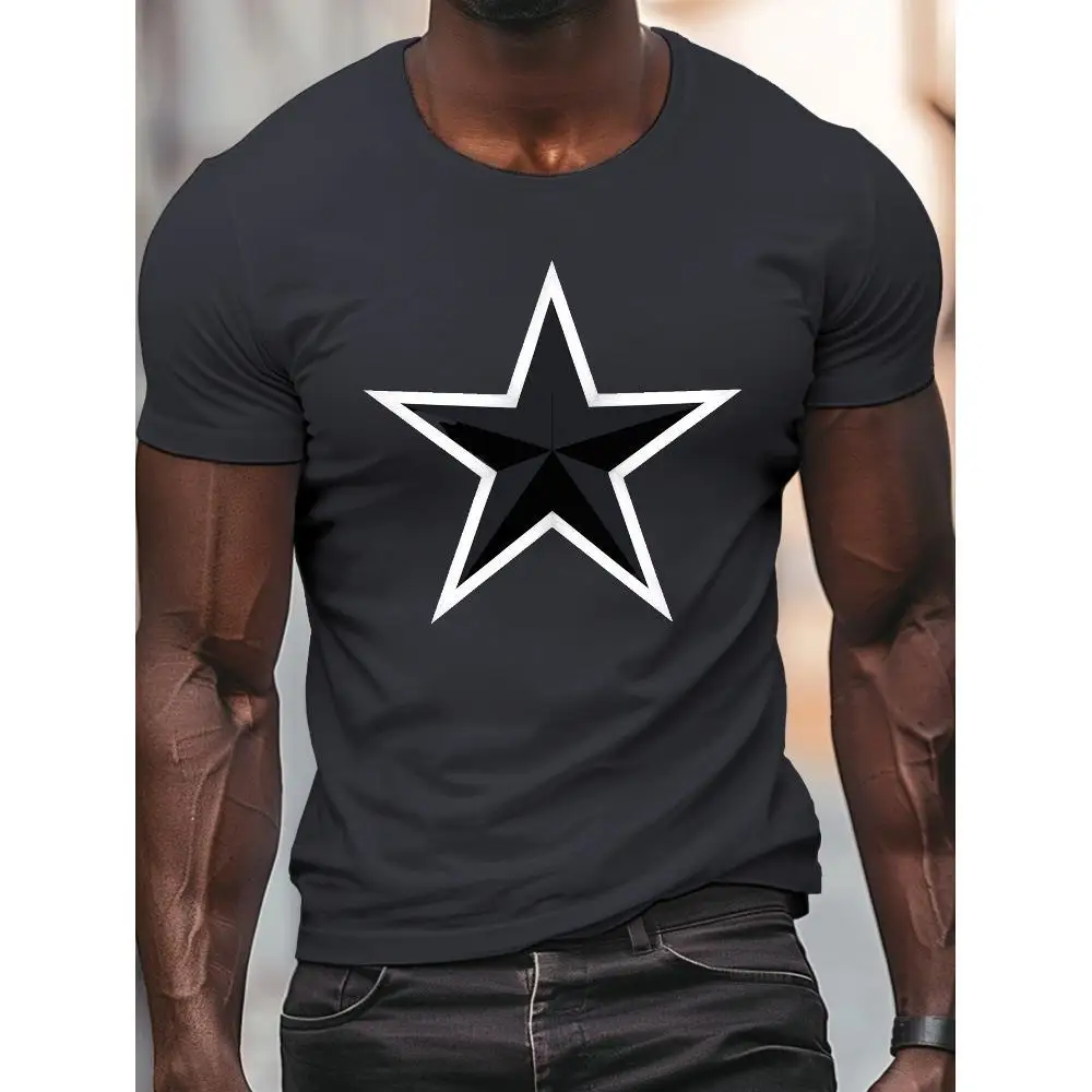 Summer Breeze, Men's Casual Crew Neck T-Shirt Black Star Print - Light and Breathable Polyester for Summer Comfort