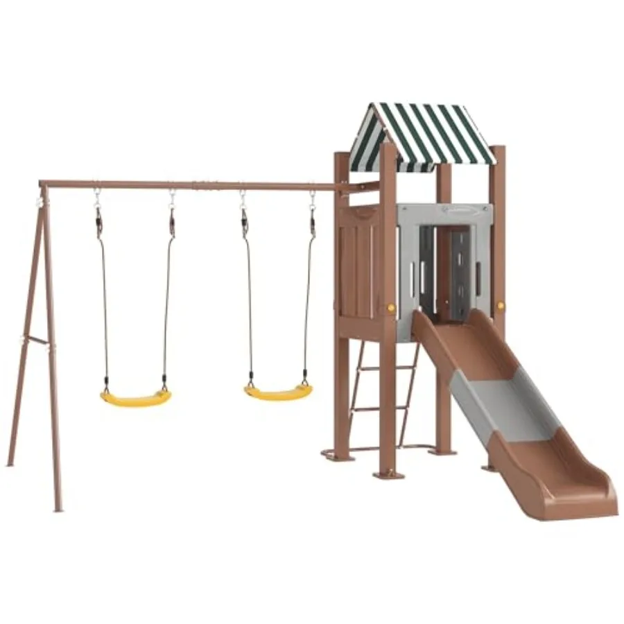 Swing Set for Backyard Playground Set with 6 FT Slide 2 Adjustable Swings Fort with Canopy Ladder Outdoor Playset with Ground S