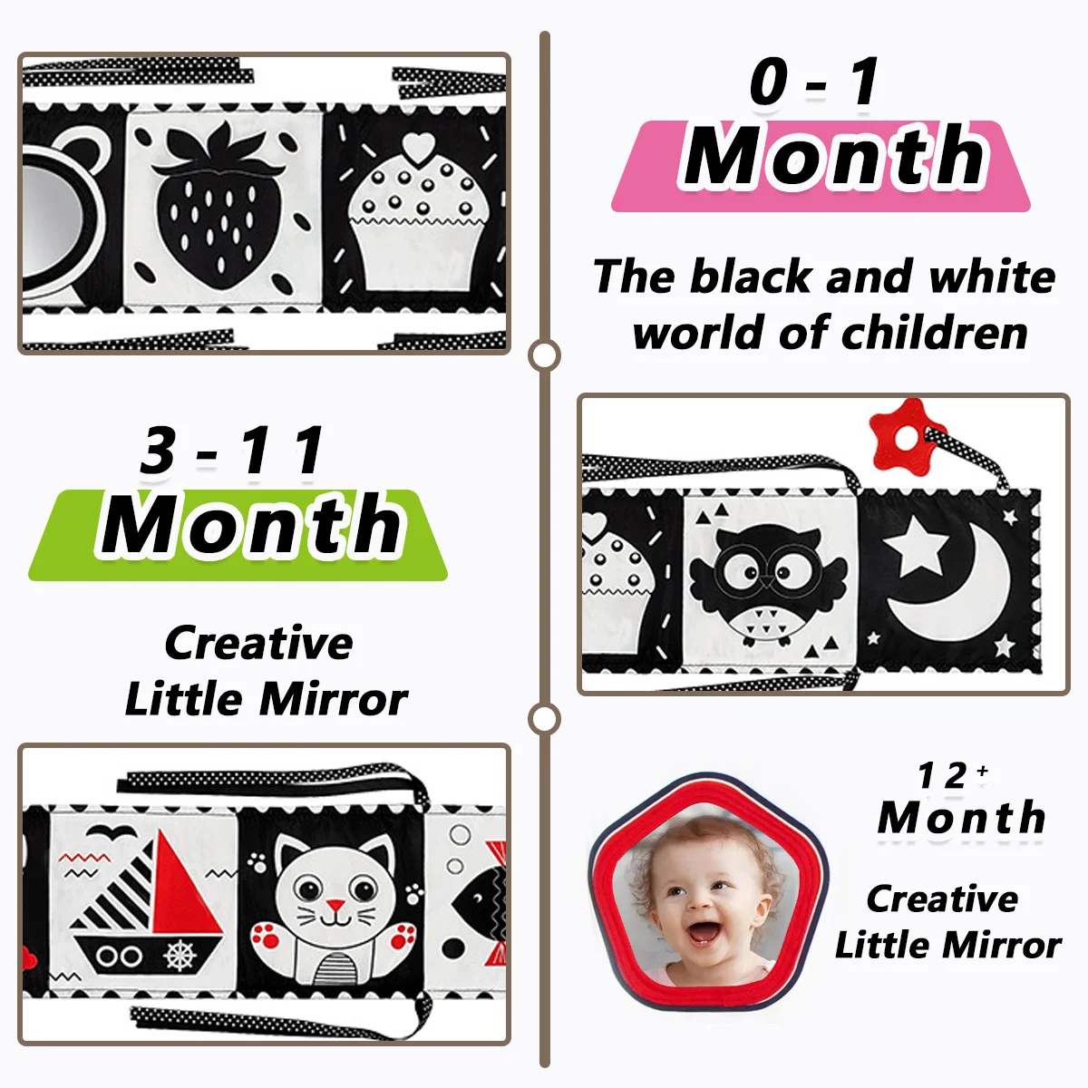 Livres en tissu doux pour bébé, jouet éducatif sensoriel pliable et froissé noir et blanc à contraste élevé, cadeaux d'anniversaire parfaits