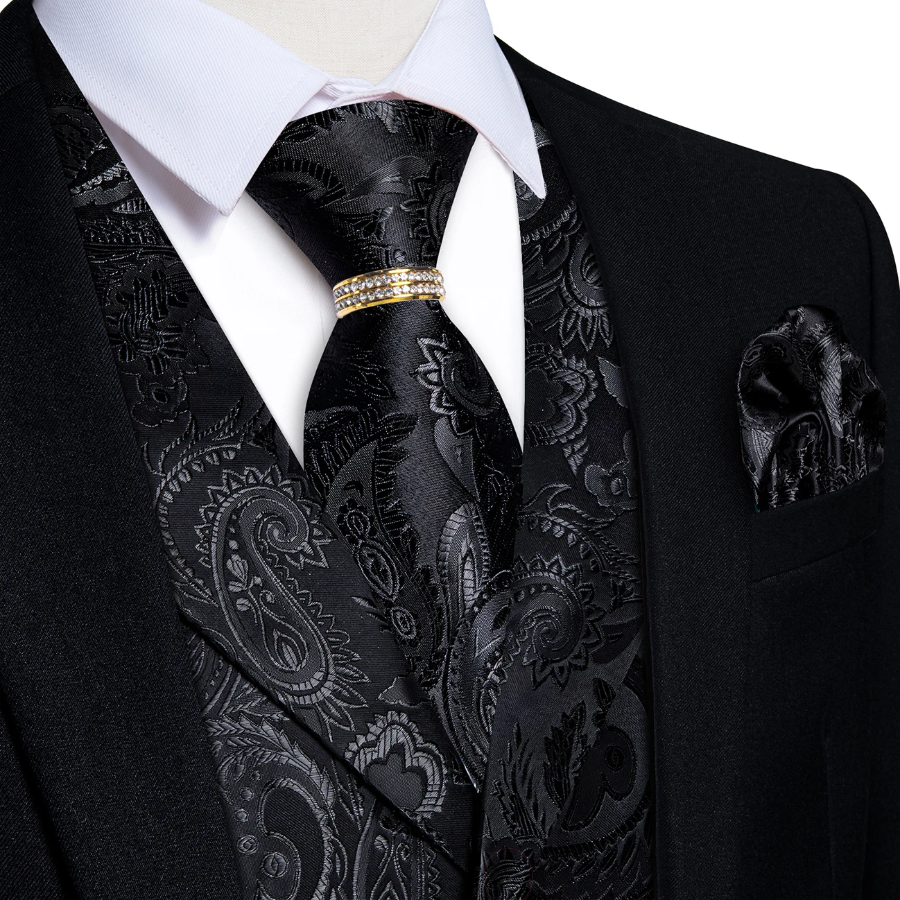 Matte Black Notch Lapel Paisley Waistcoat 5-In-1 Kit Tie Square Cufflinks Decor Ring For Formal Ball Evening Conference
