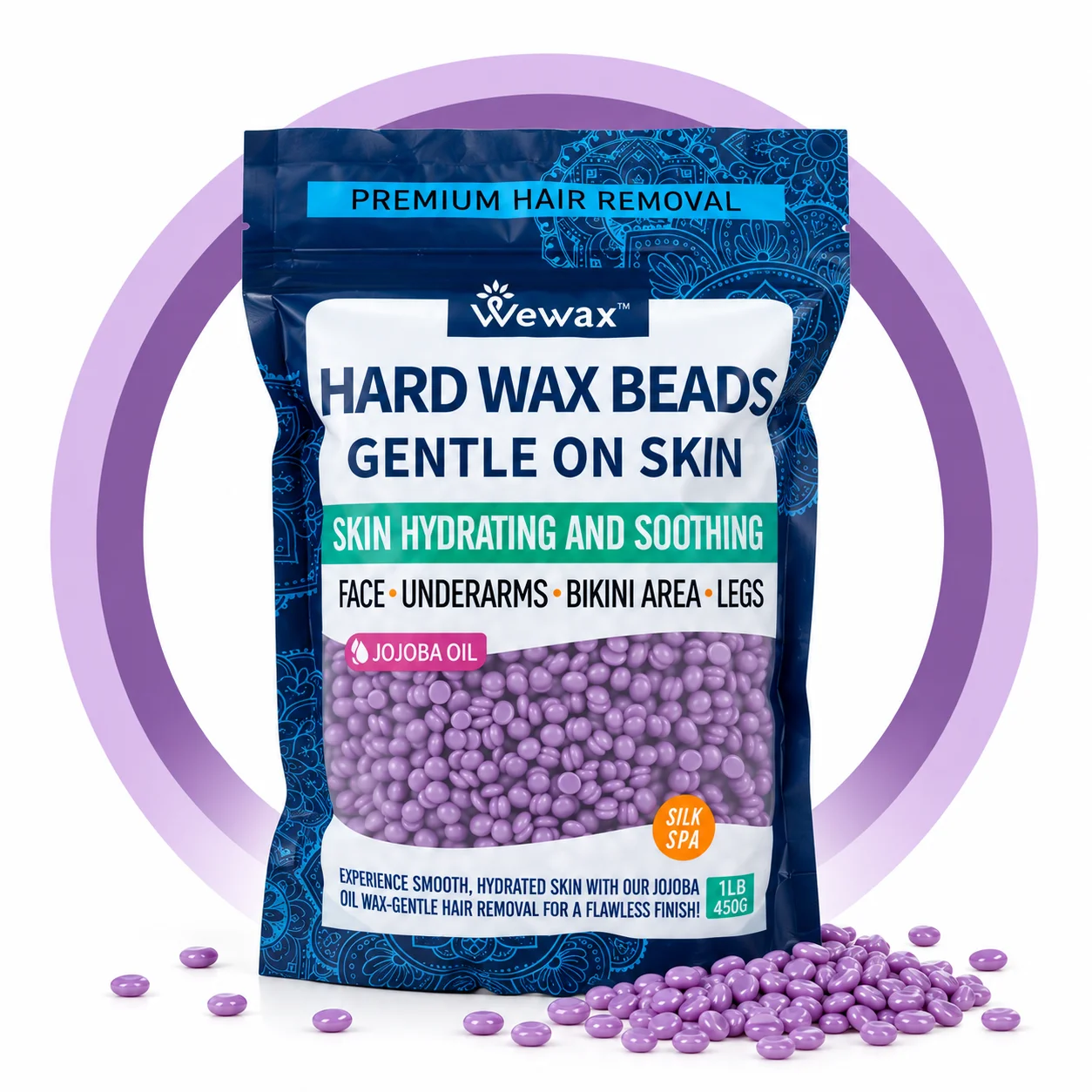 WEWAX 450g Hard Wax Beads Family Pack, Premium Brazilian Lavender Scented Beeswax Wax Beans, Strong Adhesion, Precise Paperless Quick Hair Removal, for Full Body Bikini Area Hands Legs, Normal Skin, Salon Home Body Care Wax, Unisex