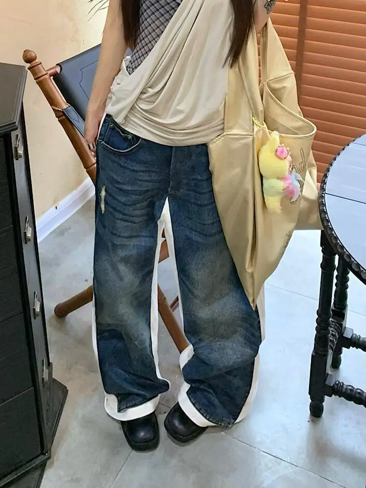 American Retro Design Sense White Background Spliced Jeans Women Spring Autumn Hot Girls Loose Lazy Style Floor Trousers