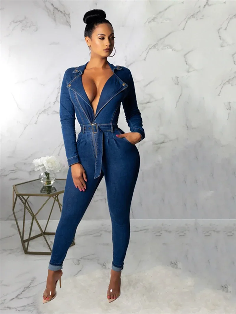 

Vintage Jean Jumpsuits Women Spring Clothing Full Sleeve Bodycon Pencil Pants Denim Rompers Playsuits One Pieces Overalls Outfit