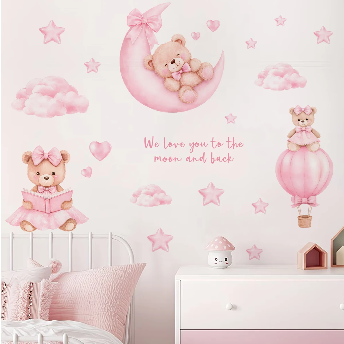 Pegatinas de Pared con Tema de Oso Rosa de Dibujos Animados, Pegatinas de Vinilo Artísticas para Habitación Infantil, Flores de Papel, Decoración para Cabecera de Cama de Niña