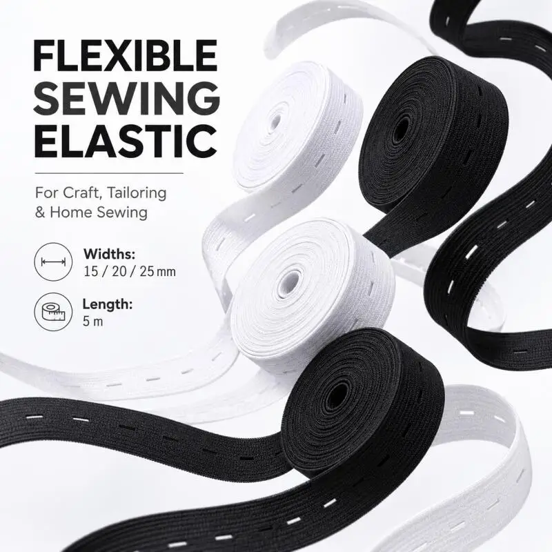 DIY Nähzubehör 5 Meter 15mm 20mm 25mm Knopfloch-Gummiband Weiß Schwarz Verstellbares Knopfloch-Taillenband – Detail 1