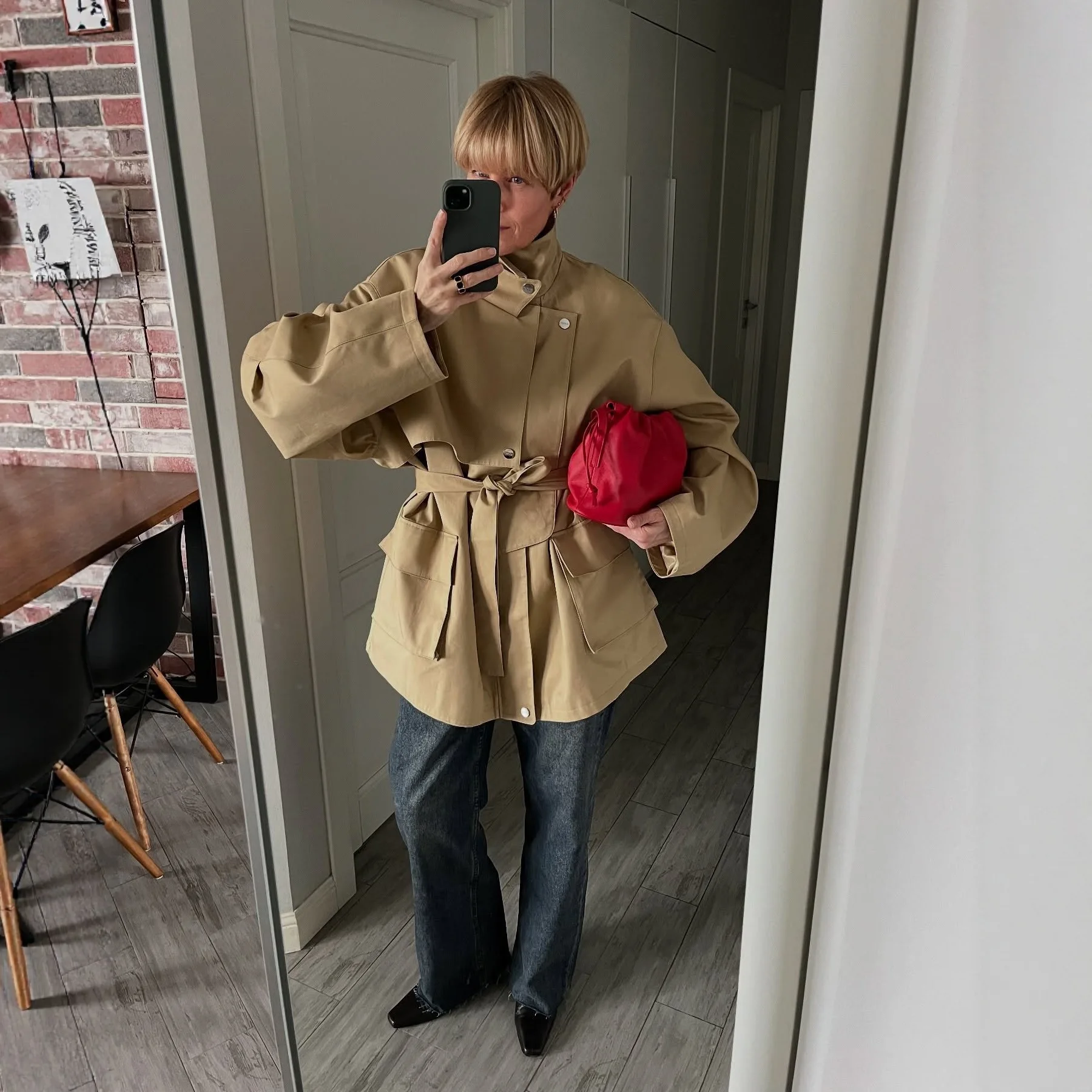 

2025 Spring New Khaki Solid Color Turn Down Collar Mid Long Trench Coat Women Loose Slim Fit Versatile Elegant Outerwear