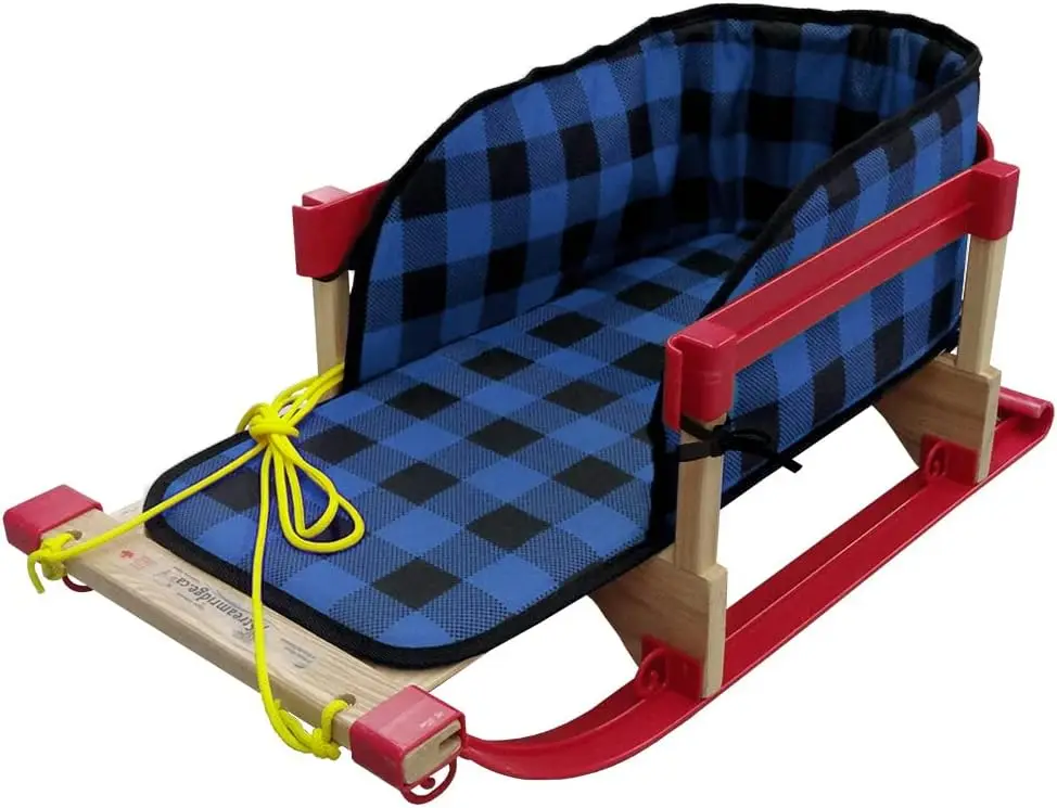 Children Wooden Sled, Snow Sled for Toddlers, Kids Sleigh with Pull Ropes and Cushion, Baby Sled