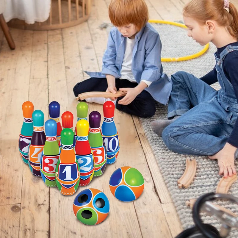 Children's Bowling Set PU Material with 10 Bowling Pins and 2 Balls for Indoor Outdoor Outside Easter Games Family Gathering