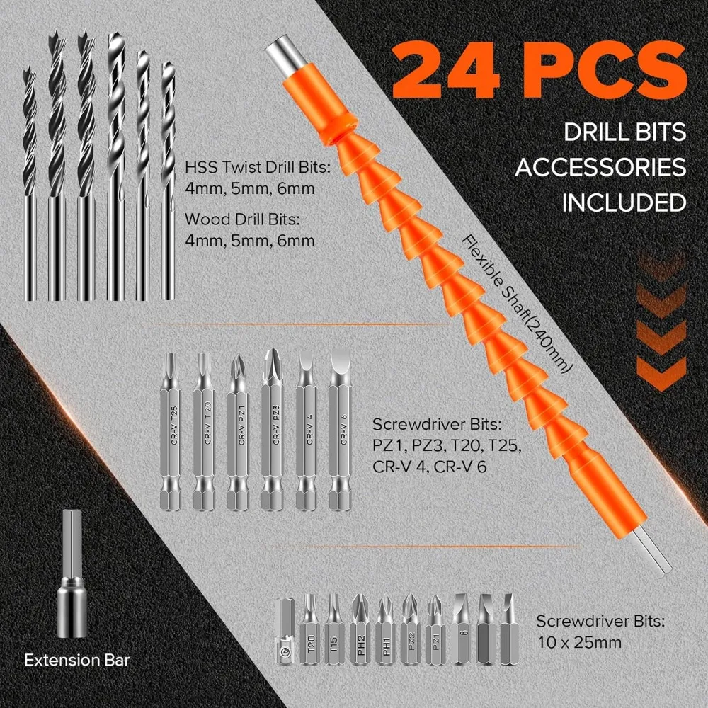 Cordless Drill Set,20V Electric Drill with Drill/Screwdriver Bits, 3/8-Inch Keyless Chuck,2 Variable Speeds, 18+1 Torque Setting