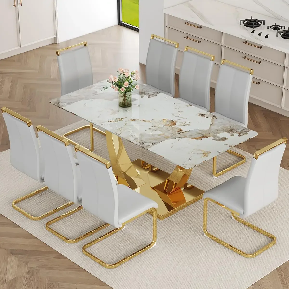 71” Dining Table Set for 8,Rectangular Dining Room Table Set for 8, 8 PU Leather Chairs,Tempered Glass Table Set,Glossy Marbled