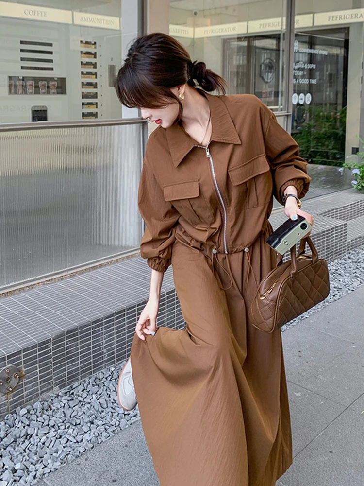 LANMREM Casual Two-piece Set Women Lapel Zipper Design Coat With Elastic Waist Skirts 2024 Female Autumn New Clothing 2Z2624