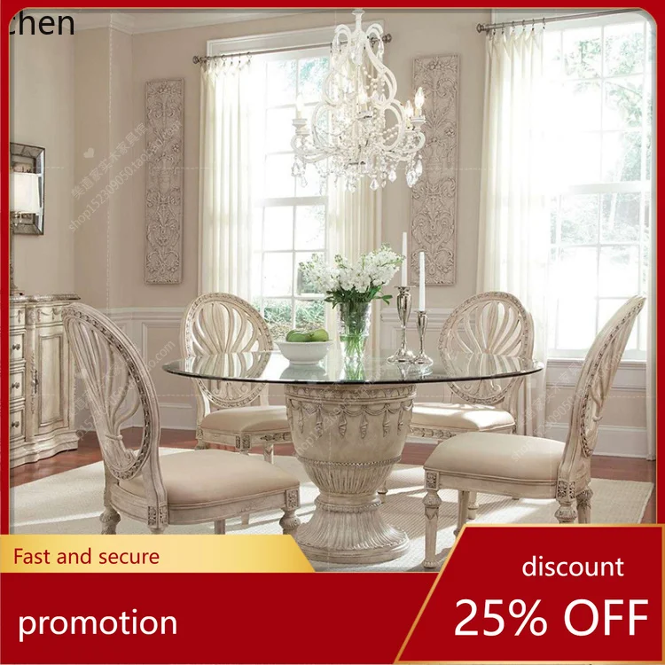 

HXL Solid Wood Dining Chair Fabric Hollow Carved Leisure Round Back Chair