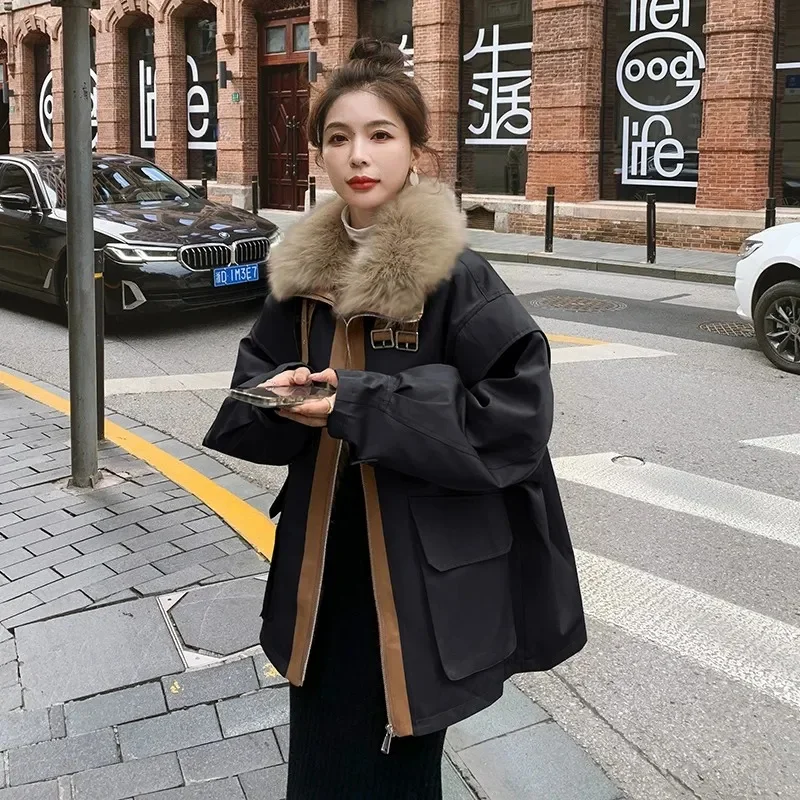 Winter Warm Coat 2024 New Women\'s Big fur collar Cotton Jacket Women Medium length Loose Coat Black Plush Thick Parka Overcoat