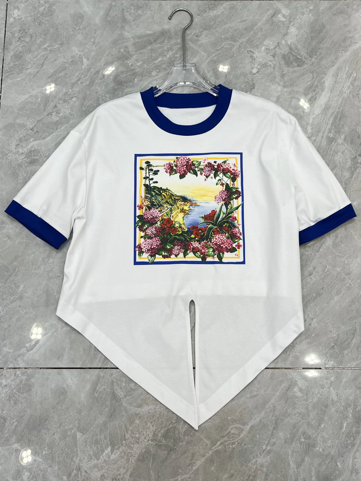 SEQINYY 100% Cotton Suit Summer Spring New Fashion Design Women Runway White T-Shirt + Blue Stamp Print Skirt High Quality