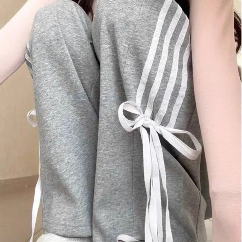 Casual Trousers Women's 2025 New Spring and Autumn Japanese Students Bow Lace-up Loose Sports High Waist Straight Wide Legs