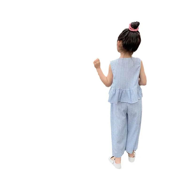 Girls' Summer Suits Fashionable Plaid Sleeveless Top+Trousers2Set Children One Piece Dropshipping