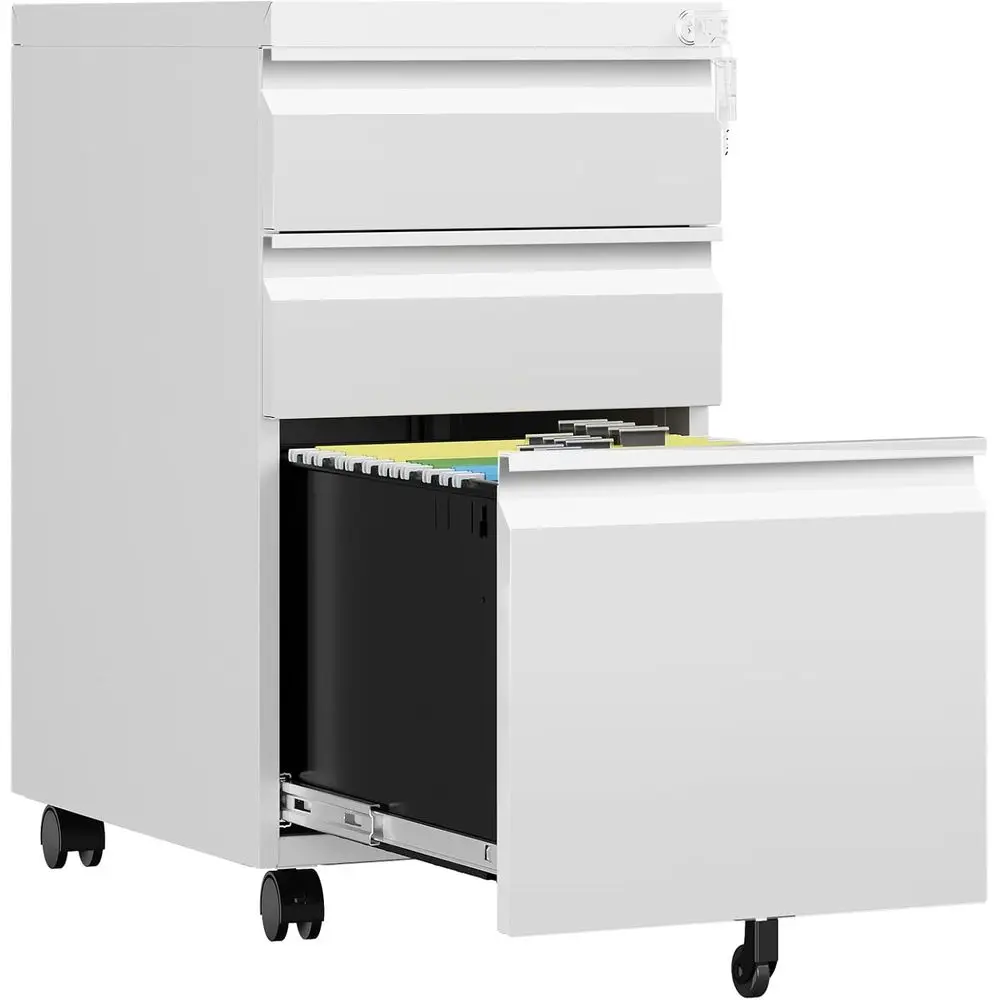 Mobile Cabinet with Lock, Rolling, Under Desk Small, Metal Veal White File Cabinet on Wheels, Legal/Letter/A4 - Assembly Require
