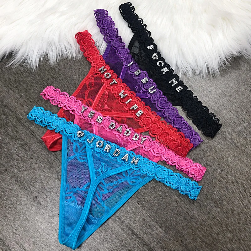 Calcinha com nome personalizado com letras de cristal para mulheres, tangas personalizadas, biquíni G-String, namorada, aniversário, presente Hotwife, tamanho M, L, XL