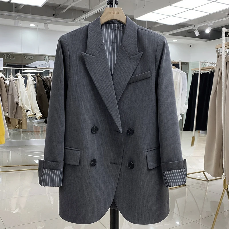 2023 New Gray Suit Jackets Women\'s Clothing Spring Autumn Blazers Coats Striped Sleeve Tops Suits jp409