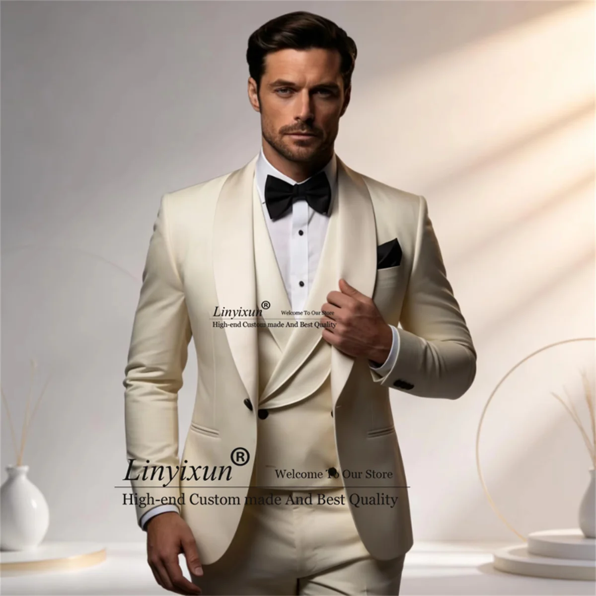 

Elegant Ivory Tuxedo Suit for Men 3 piece sets Blazer Vest Pants Classic Attire Wedding Business Office Prom Ball Party Outfits