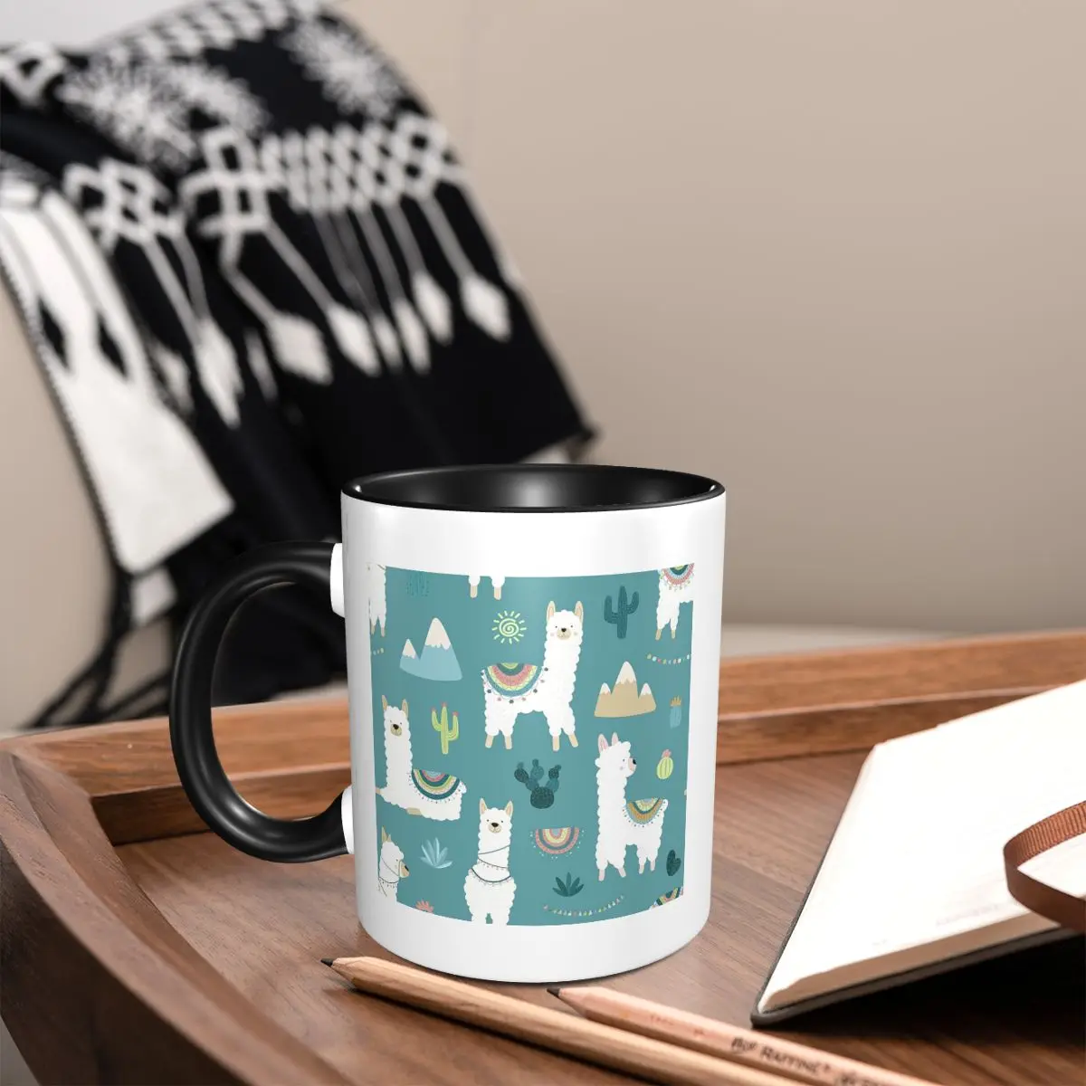 Llama Cactus Sun Doodle Pattern Mug Funny Ceramic Coffee Cups Tea Mugs Milk Cup Drinkware Gifts for Woman Man