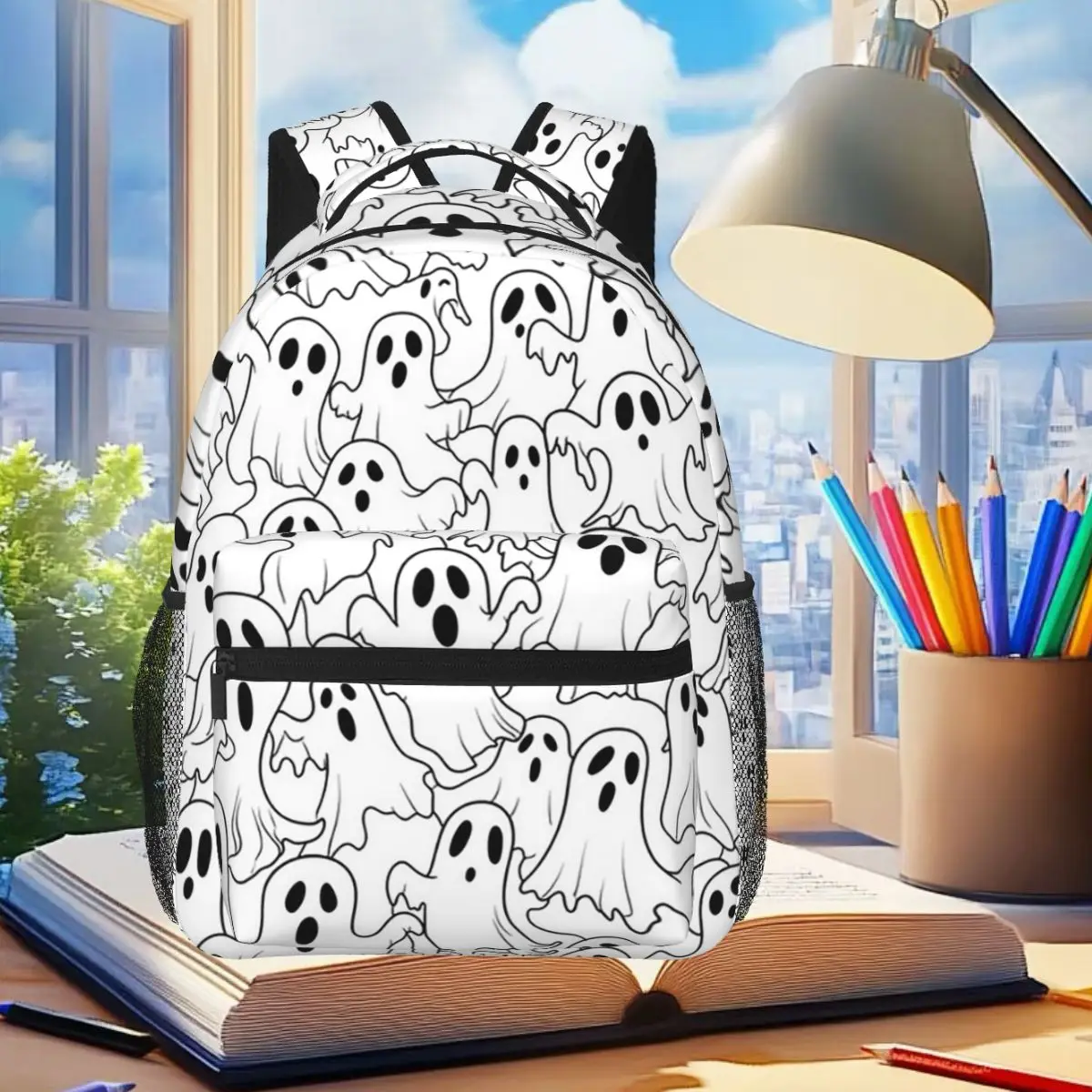 

Spooky Ghost Halloween Cartoon Pattern Backpack Student Boys Girls BookBag Kids School Bag Laptop Shoulder Bags for Men Women