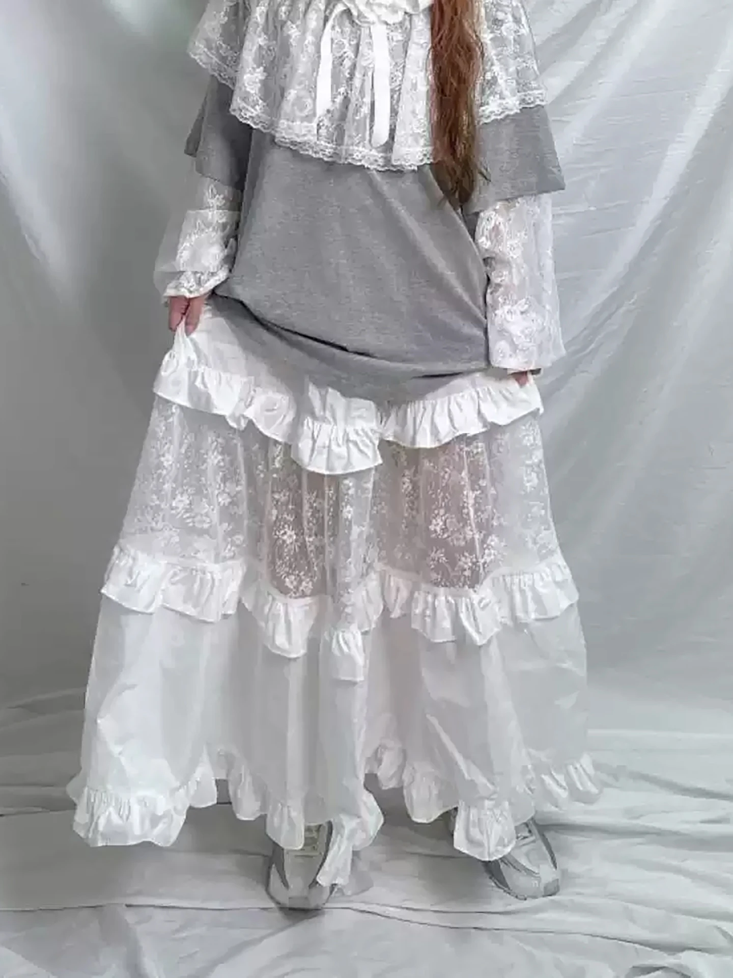 

Dongda Gate 2026 Spring Season Lace Splicing Pleated Skirt Elastic Waist Midi Length Women's Skirts Transparent High Waist Po...