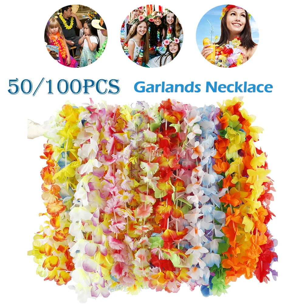 50/100Pcs Hawaiian Flower Necklaces Hawaiian Garlands Multicolor Flower Necklaces for Beach Party Luau Wedding Birthday Decor