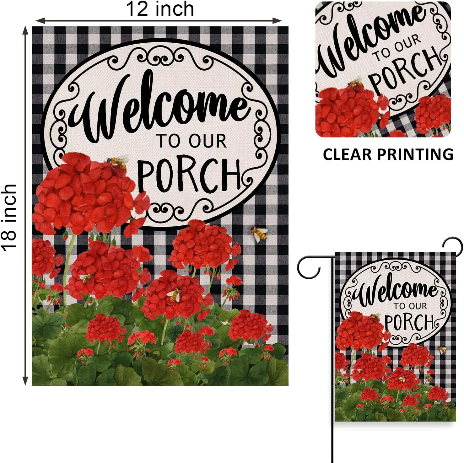 Home Decorative Welcome to Our Porch Geranium Spring Summer Garden Flag, Red Flower Black White Buffalo Plaid Check House Yard O