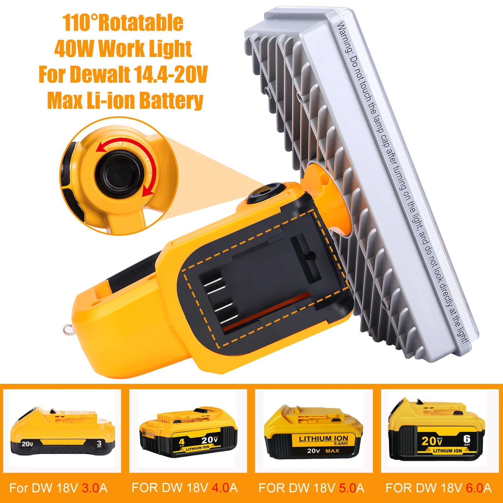 9Inch 40W Cordless LED Work Light Tool Fit for Dewalt 20V Li-ion Battery Flashlight with USB Port Portable Emergency Flood Lamp