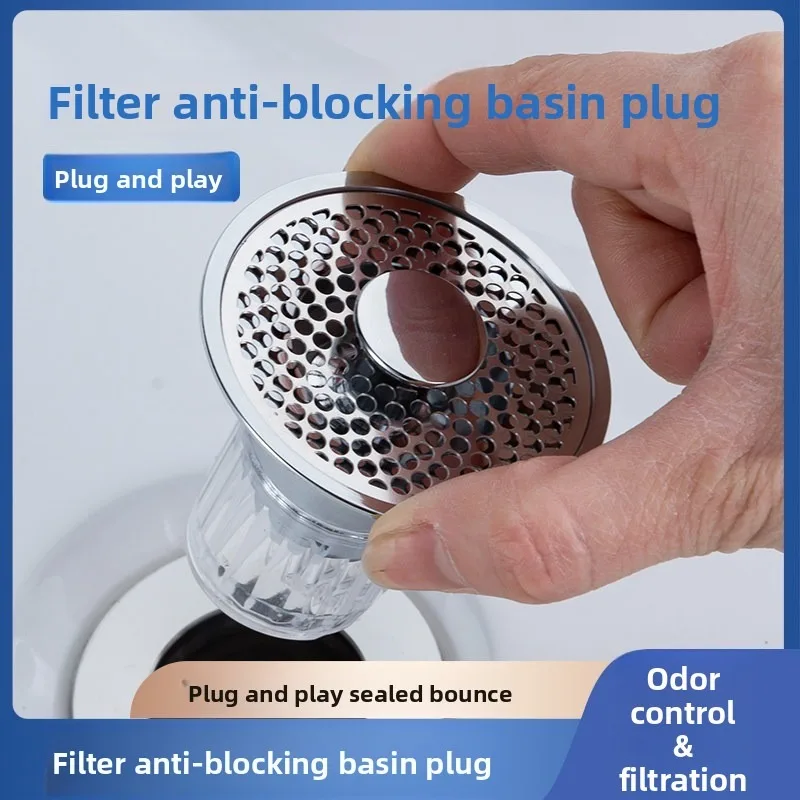 

Universal Bathroom Sink Drain Plug Push-Type Drain Core with Hair Catcher Easy Installation Anti Odor Sink Strainer