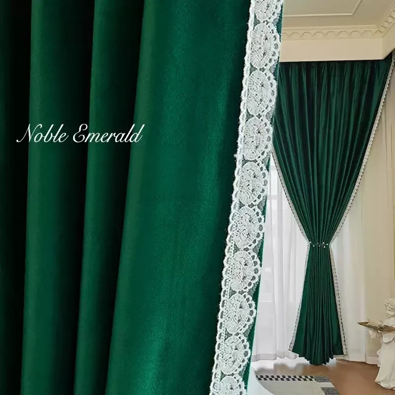 Emerald Green Velvet Curtains 85% Shading Rate Blackout Window Treatment Lace Trimmed Window Decoration
