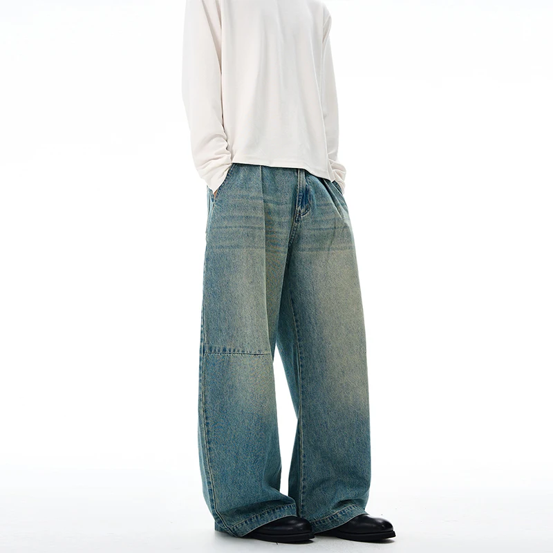 Spring New Simple Men Denim Pants Pleated Design All-match Curved Knife Trousers Wide Leg Solid Color Male Bottom Cleanfit