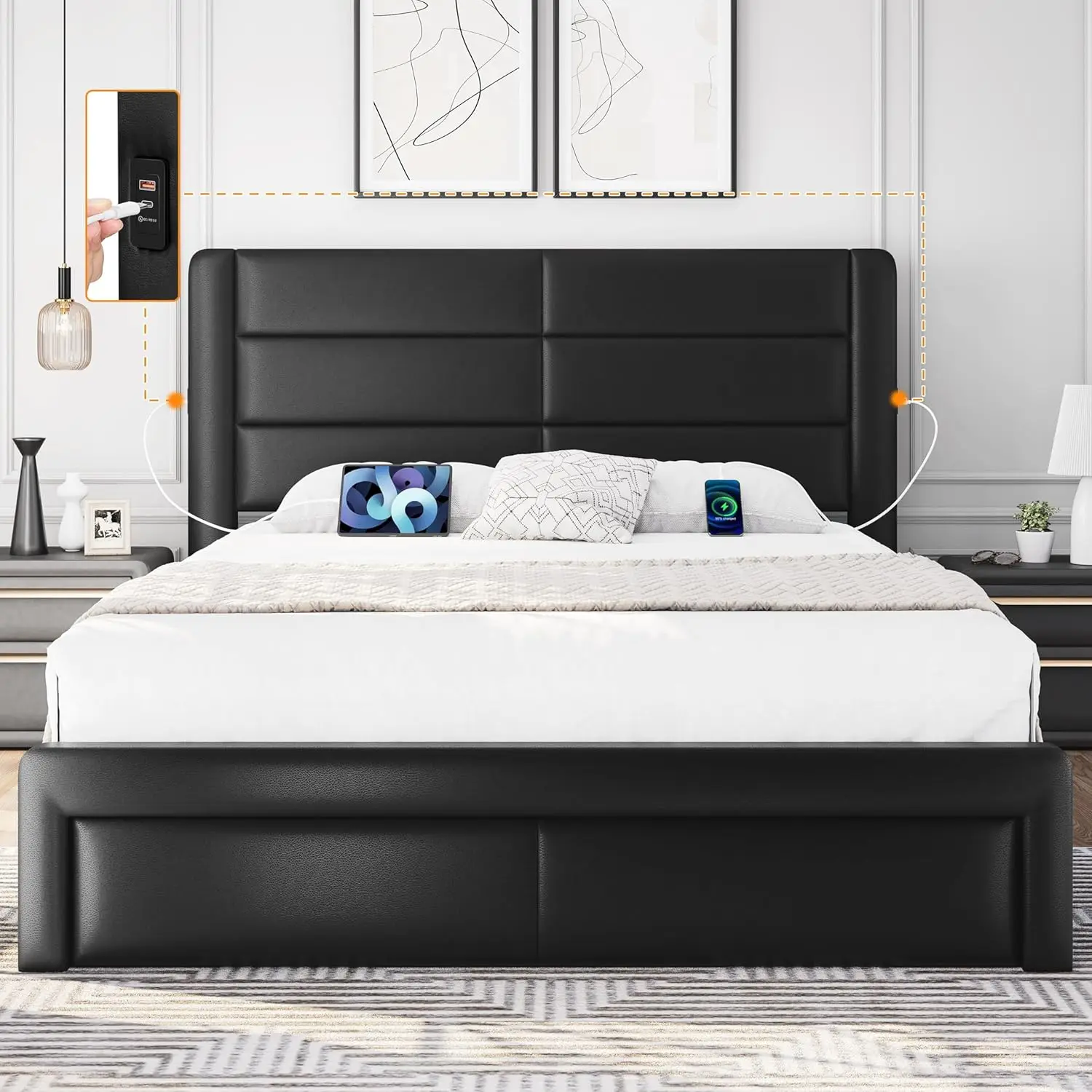 Queen Size Bed Frame Platform with 2 USB Charging Station/Port for Type A&Type C/3 Storage Drawers, Leather Upholstered with Hea image 3