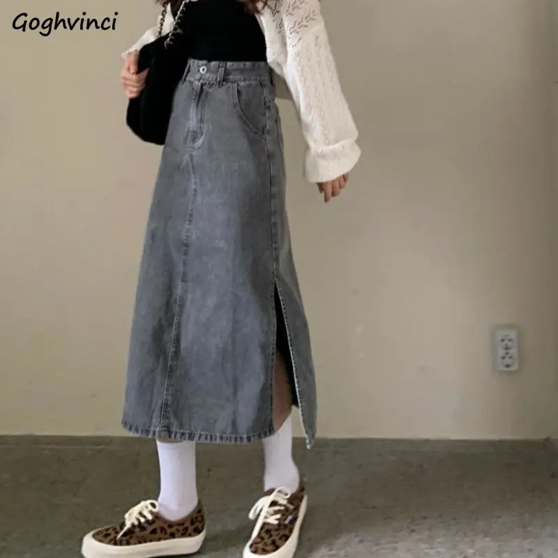 

Midi Denim Skirts Women S-5XL Chic Baggy Vintage Side-slit A-line Students Simple All-match Ulzzang Autumn Washed Leisure Faldas