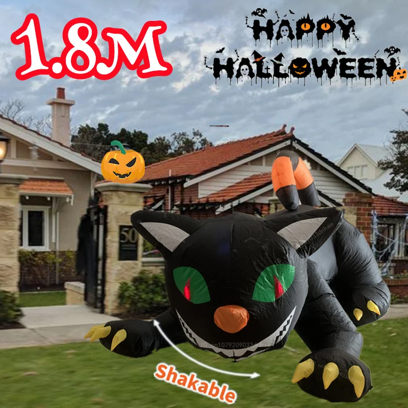 1.8M Halloween Inflatable Shaking Head Cat Model with LED Lights Halloween Outdoor Party Lawn Haunted House Decoration Props